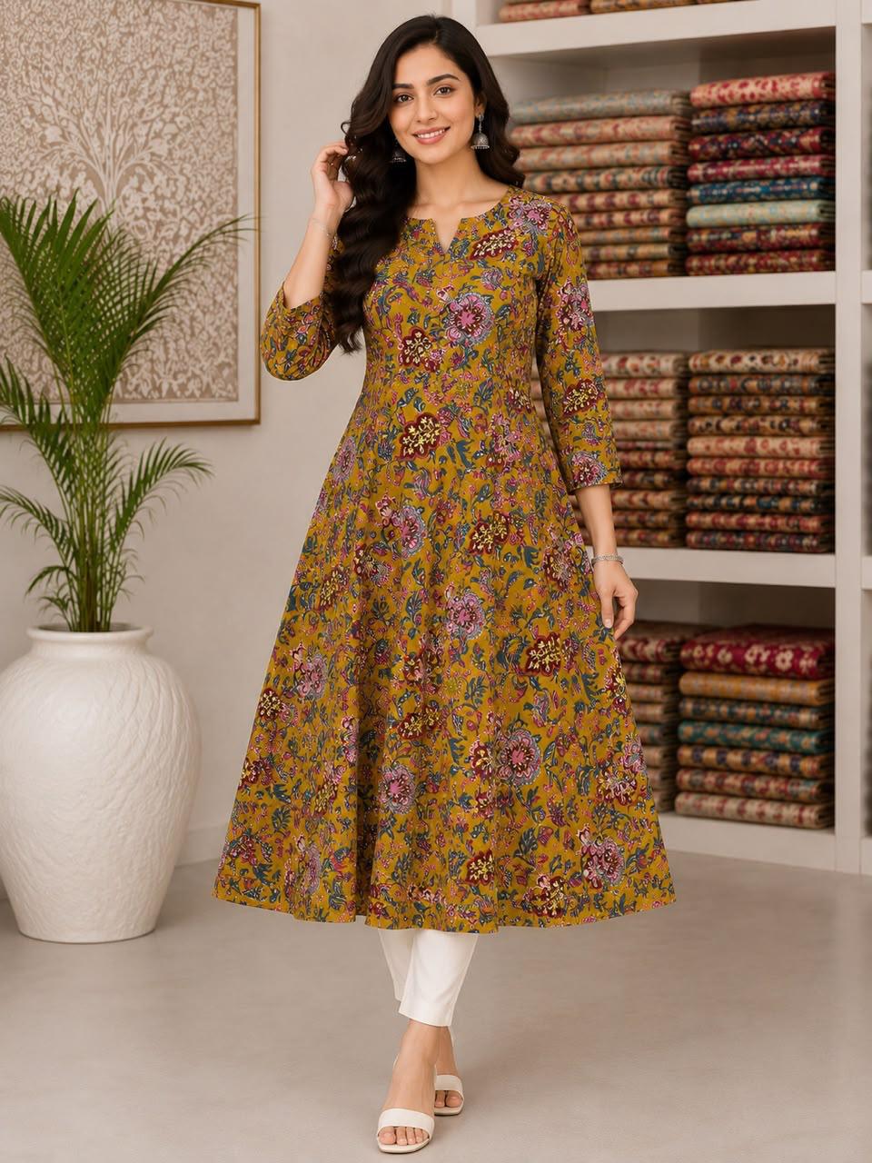 Mustard Olive Cotton Anarkali Top with Multicolour Kalamkari-Inspired Floral Print