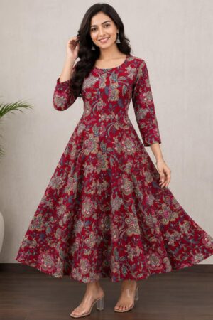 Deep Maroon Cotton Anarkali Top with Multicolour Kalamkari-Inspired Floral Print