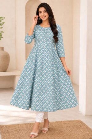 Powder Blue Cotton Anarkali Top with White Geometric Floral Print