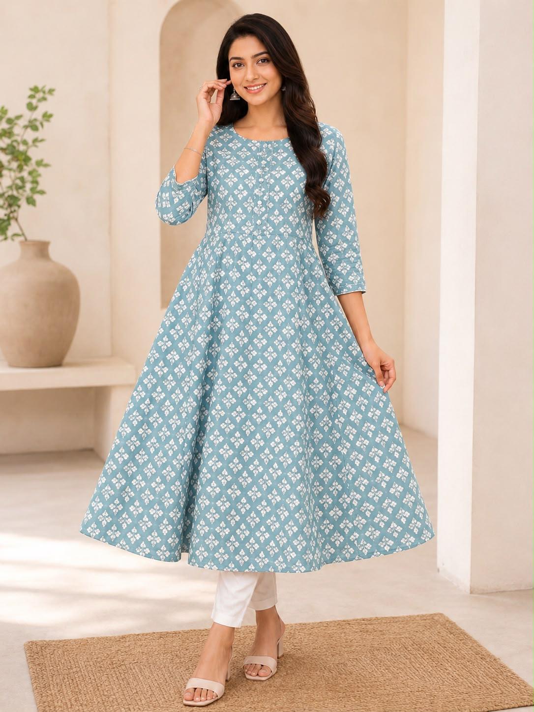 Powder Blue Cotton Anarkali Top with White Geometric Floral Print