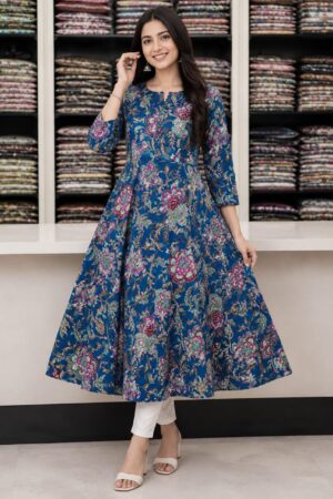 Royal Teal Blue Cotton Anarkali Top with Multicolor Floral Print