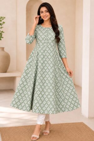 Sage Green Cotton Anarkali Top with White Geometric Floral Print