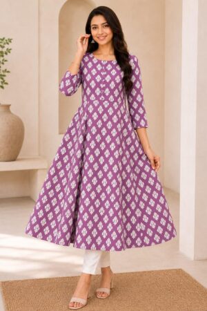 Dusty Mauve Cotton Anarkali Top with White Traditional Buti Print