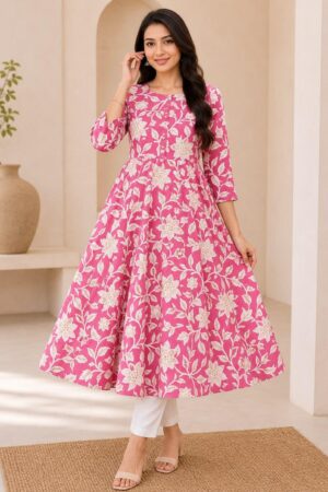 Rani Pink Cotton Anarkali Top with Ivory Floral Vine Print