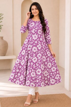 Mauve Purple Cotton Anarkali Top with Ivory Floral Print