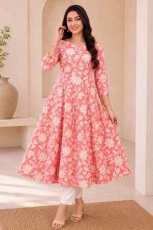 Coral Peach Cotton Anarkali Top with Ivory Floral Vine Print
