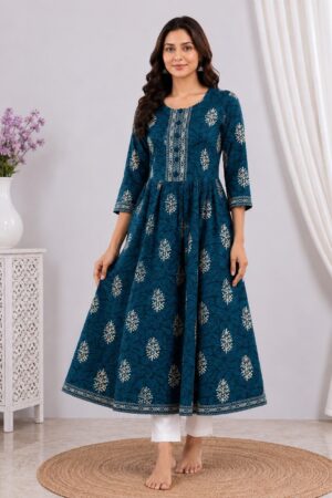Deep Teal Blue Cotton Anarkali Top with Ivory Ethnic Motif Print
