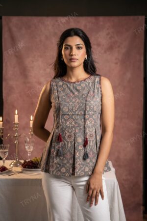 Grey Platinum Cotton Short Kurti Top with Floral Vine Print