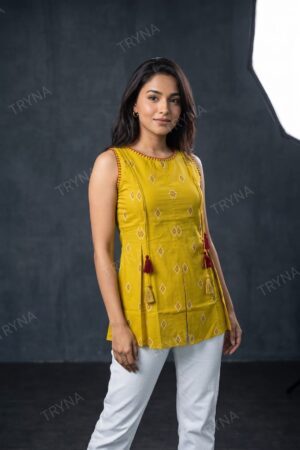 Mustard Yellow Platinum Cotton Short Kurti Top with Ethnic Motif Print