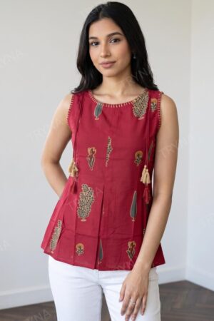 Maroon Platinum Cotton Short Kurti Top with Botanical Motif Print