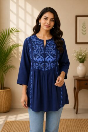 Navy Blue Cotton Embroidered Tunic Top for Women – Floral Work Casual Wear