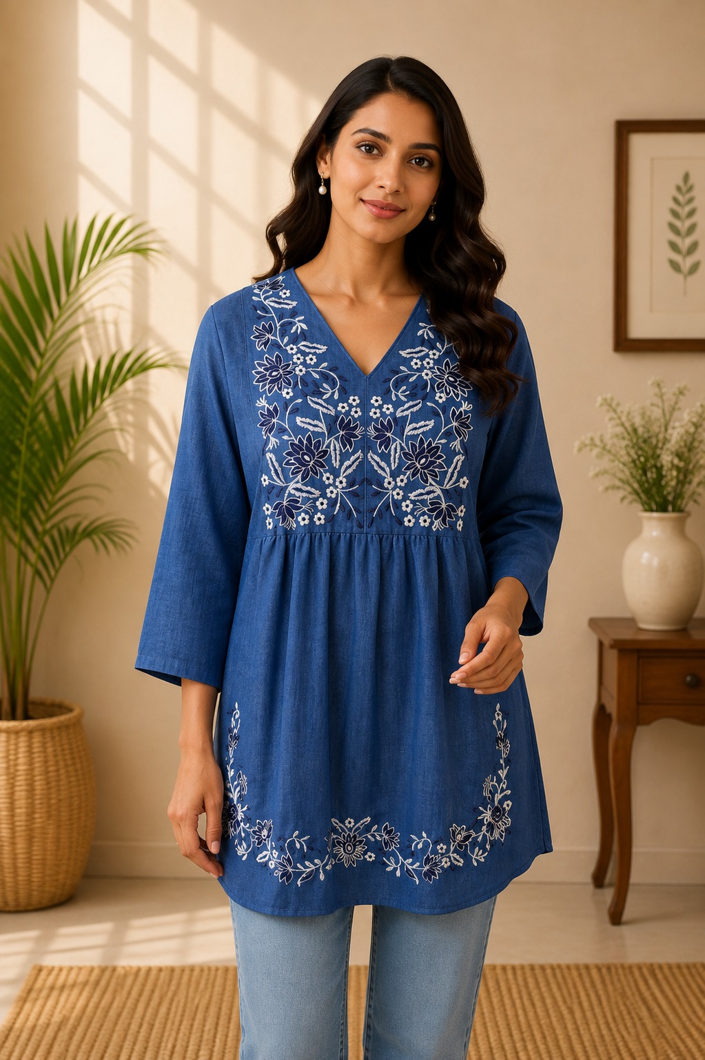 Navy Blue Cotton Embroidered Tunic Top for Women – Floral Work Casual Wear - Image 2