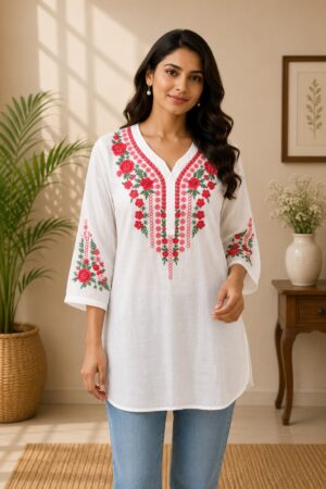 White Cotton Floral Embroidered Tunic Top for Women – Short Length Casual Wear
