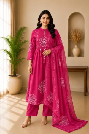 Rani Pink 3-Piece Ready-to-Wear Anarkali Kurta Pant Set with Dupatta & White Mandala Motif Work