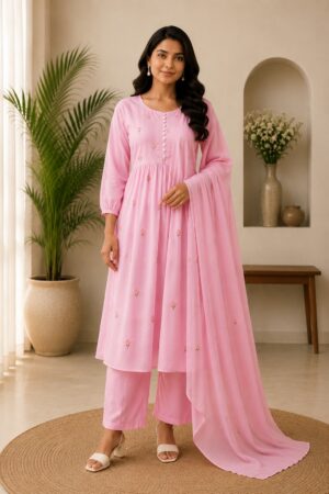 Baby Pink Mul Cotton 3-Piece Ready-to-Wear Flared Kurta Pant Set with Dupatta