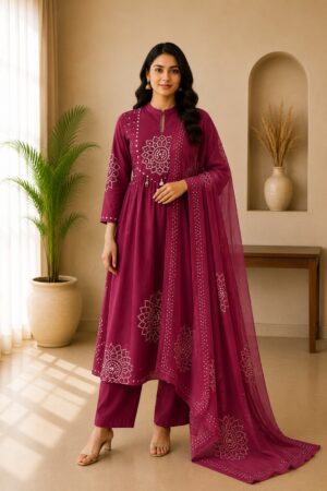 Wine Mul Cotton 3-Piece Ready-to-Wear Anarkali Kurta Pant Set with Printed Dupatta