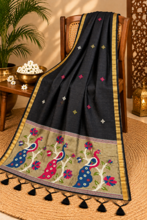 Black Jamdani Saree with Multicolor Peacock Pallu, Woven Butti Motifs & Golden Zari Border