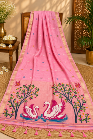 Pink Jamdani Saree with Swan & Tree Pallu, Multicolor Butti Work & Golden Zari Border