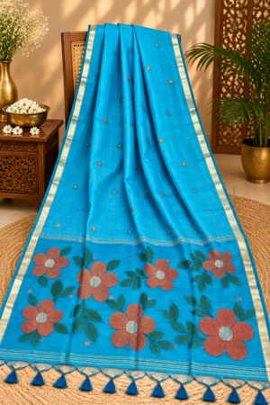 Turquoise Blue Jamdani Saree with Floral Pallu, Golden Zari Border & Tassel Detailing