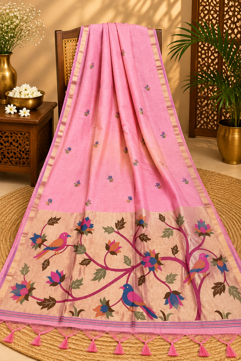Blush Pink Jamdani Saree with Bird & Floral Vine Pallu, Golden Zari Border & Tassels