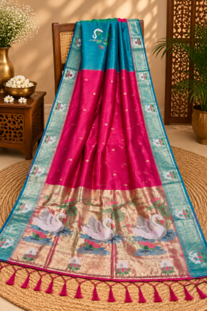 Rani Pink & Teal Blue Jamdani Saree with Swan Pallu, Lotus Motifs & Zari Border