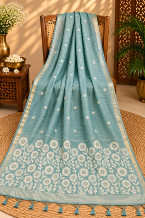 Powder Blue Jamdani Saree with White Floral Garden Pallu, Golden Zari Border & Tassels