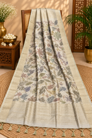 Ivory Beige Jamdani Saree with Multicolor Botanical Floral Print, Textured Border & Tassels