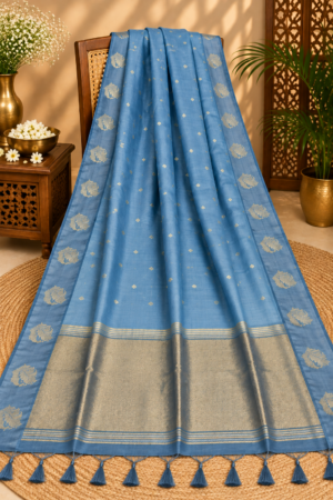 Sky Blue Jamdani Saree with Golden Paisley Motifs, Zari Pallu & Tassel Detailing