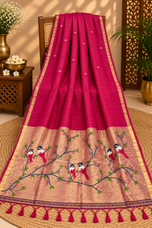 Rani Pink Jamdani Saree with Bird & Branch Design, Golden Zari Pallu & Tassels