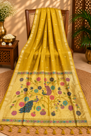 Mustard Yellow Jamdani Saree with Multicolour Peacock Tree Pallu & Golden Zari Border