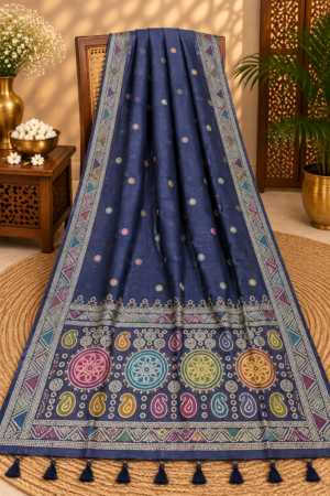 Navy Blue Jamdani Saree with Multicolour Mandala & Paisley Pallu and Geometric Border