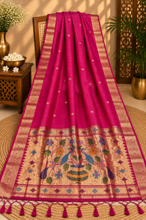 Rani Pink Jamdani Saree with Multicolour Peacock Kalash Pallu & Rich Golden Zari Border