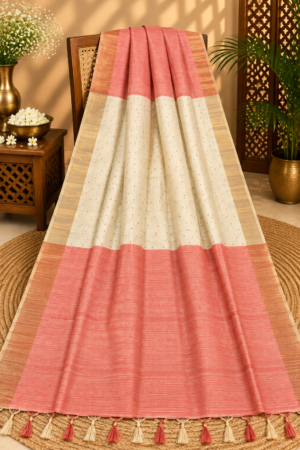 Ivory & Peach Jamdani Saree with Dual-Tone Textured Pallu & Golden Zari Border