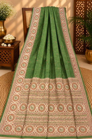 Mehendi Green Jamdani Saree with Traditional Floral Medallion Border & Printed Pallu