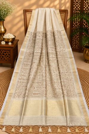 Ivory Gold Jamdani Saree with Traditional Heritage Panel Pallu & Zari Border