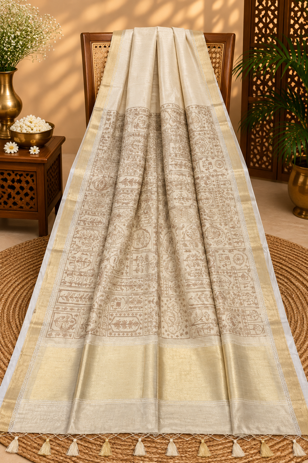Ivory Gold Jamdani Saree with Traditional Heritage Panel Pallu & Zari Border