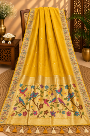 Mustard Yellow Jamdani Saree with Multicolor Bird & Floral Pallu and Golden Zari Border