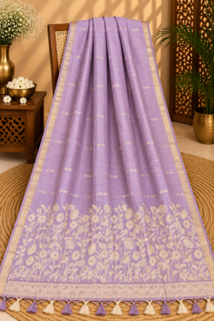 Lavender Jamdani Saree with Golden Floral Garden Pallu & Woven Zari Border
