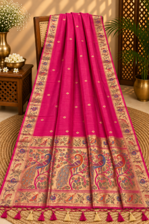 Rani Pink Jamdani Saree with Multicolor Peacock Pallu & Ornamental Golden Zari Border