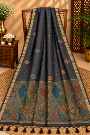 Black Jamdani Saree with Multicolor Geometric Floral Pallu & Golden Zari Border
