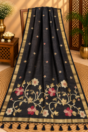 Black Jamdani Saree with Floral Vine Pallu, Golden Zari Border & Tassels