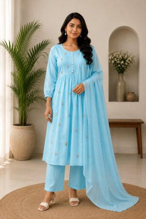 Sky Blue Mul Cotton 3-Piece Ready-to-Wear Flared Kurta Pant Set with Dupatta