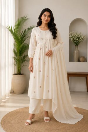 Ivory Cream Mul Cotton 3-Piece Ready-to-Wear Flared Kurta Pant Set with Dupatta