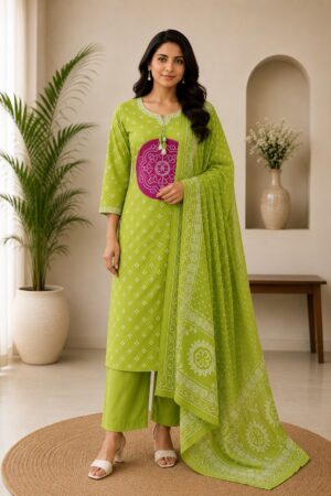 Mehendi Green Mul Cotton 3-Piece Ready-to-Wear Straight Kurta Pant Set with Printed Dupatta