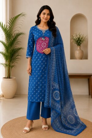 Royal Blue Mul Cotton 3-Piece Ready-to-Wear Straight Kurta Pant Set with Printed Dupatta
