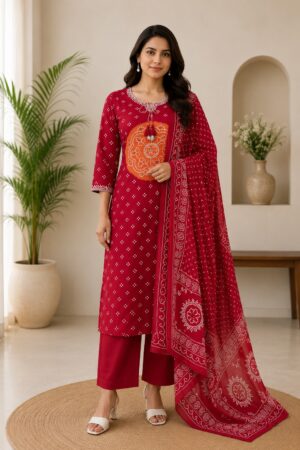 Crimson Red Mul Cotton 3-Piece Ready-to-Wear Straight Kurta Pant Set with Printed Dupatta