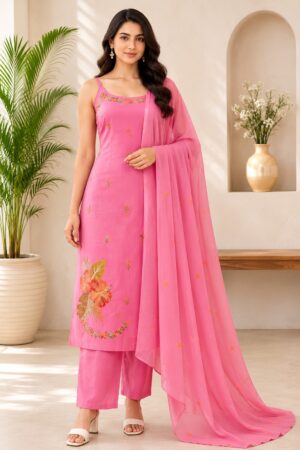 Rose Pink Mul Cotton 3-Piece Ready-to-Wear Straight Kurta Pant Set with Floral Dupatta