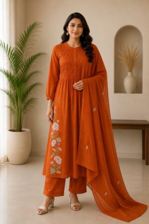 Rust Orange Mul Cotton 3-Piece Ready-to-Wear Flared Kurta Pant Set with Dupatta