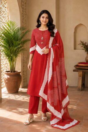 Red Mul Cotton 3-Piece Ready-to-Wear Bandhani Style Kurta Pant Set with Dupatta
