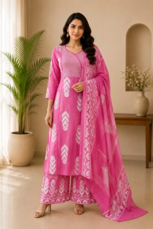 Rani Pink Mul Cotton 3-Piece Ready-to-Wear Floral Kurta Palazzo Set with Printed Dupatta